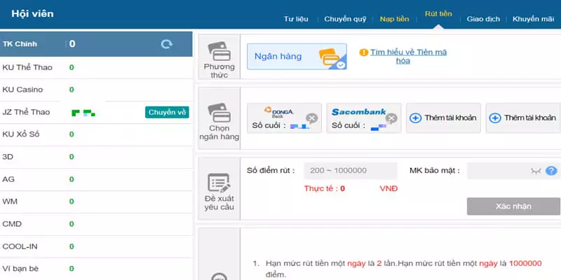 Bảng điền thông tin rút tiền từ chọn ngân hàng, nhập số điểm rút và mật khẩu